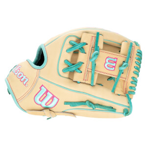 Top-down view of a tan baseball glove with teal lacing and pink stitching, featuring embroidered "Wilson" and "W" logos.