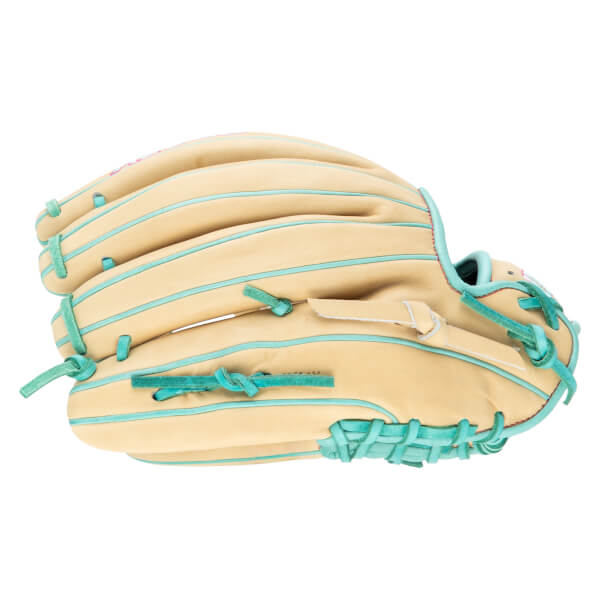 Side view of a tan baseball glove with teal lacing and stitching.