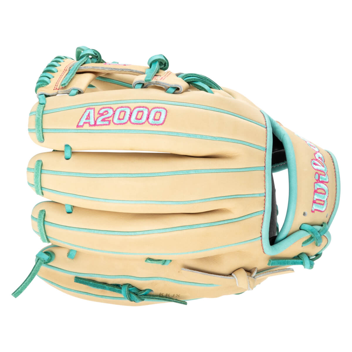 Front view of a tan Wilson A2000 baseball glove with teal and pink accents.