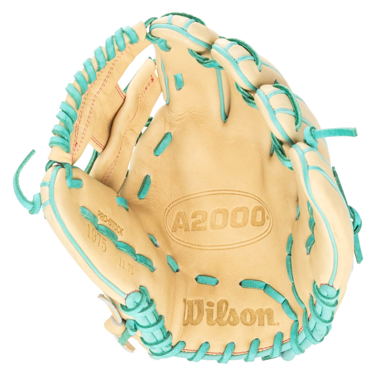 Close-up of a tan baseball glove with teal lacing, showing the "A2000" and "Wilson" logos.