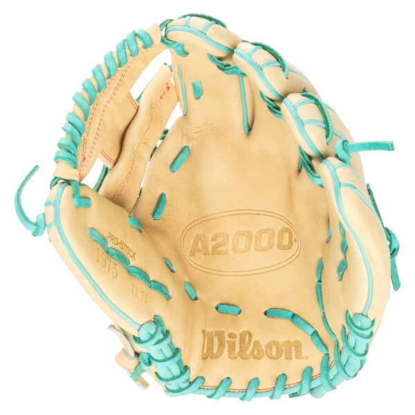 Close-up of a tan baseball glove with teal lacing, showing the "A2000" and "Wilson" logos.