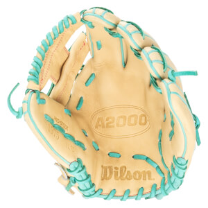 Close-up of a tan baseball glove with teal lacing, showing the "A2000" and "Wilson" logos.