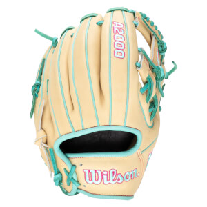 Front view of a tan baseball glove with teal lacing and pink "A2000" and "Wilson" logos.