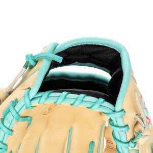Close-up of a tan baseball glove's interior, showing black padding and teal lacing.