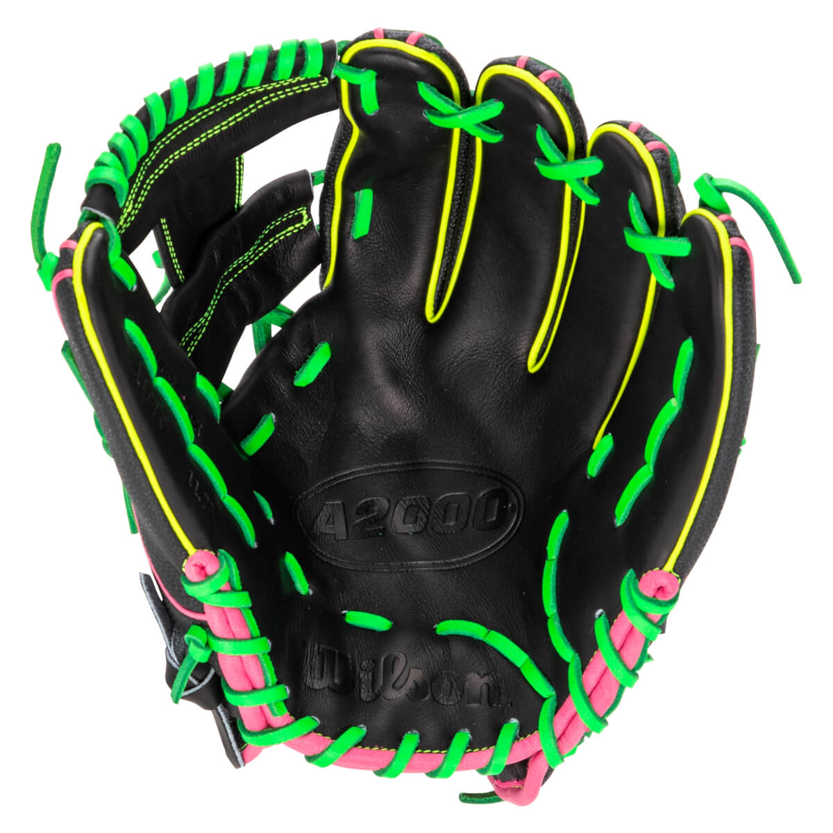 Palm view of a black Wilson A2000 baseball glove with bright green and pink lacing, showing "A2000" and "Wilson" logos.