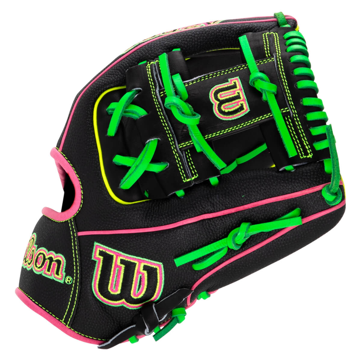Corner view of a black Wilson A2000 baseball glove with bright green lacing and pink accents.