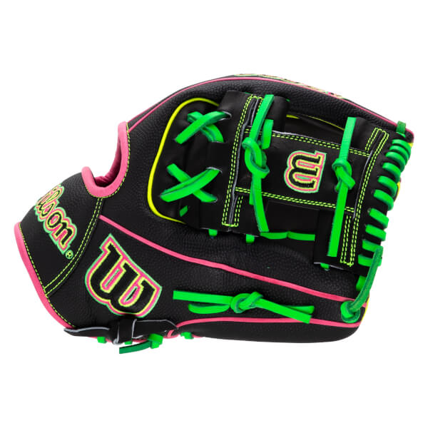 Front view of a black Wilson A2000 glove with bright pink and neon green accents and laces, featuring the "Wilson" logo.