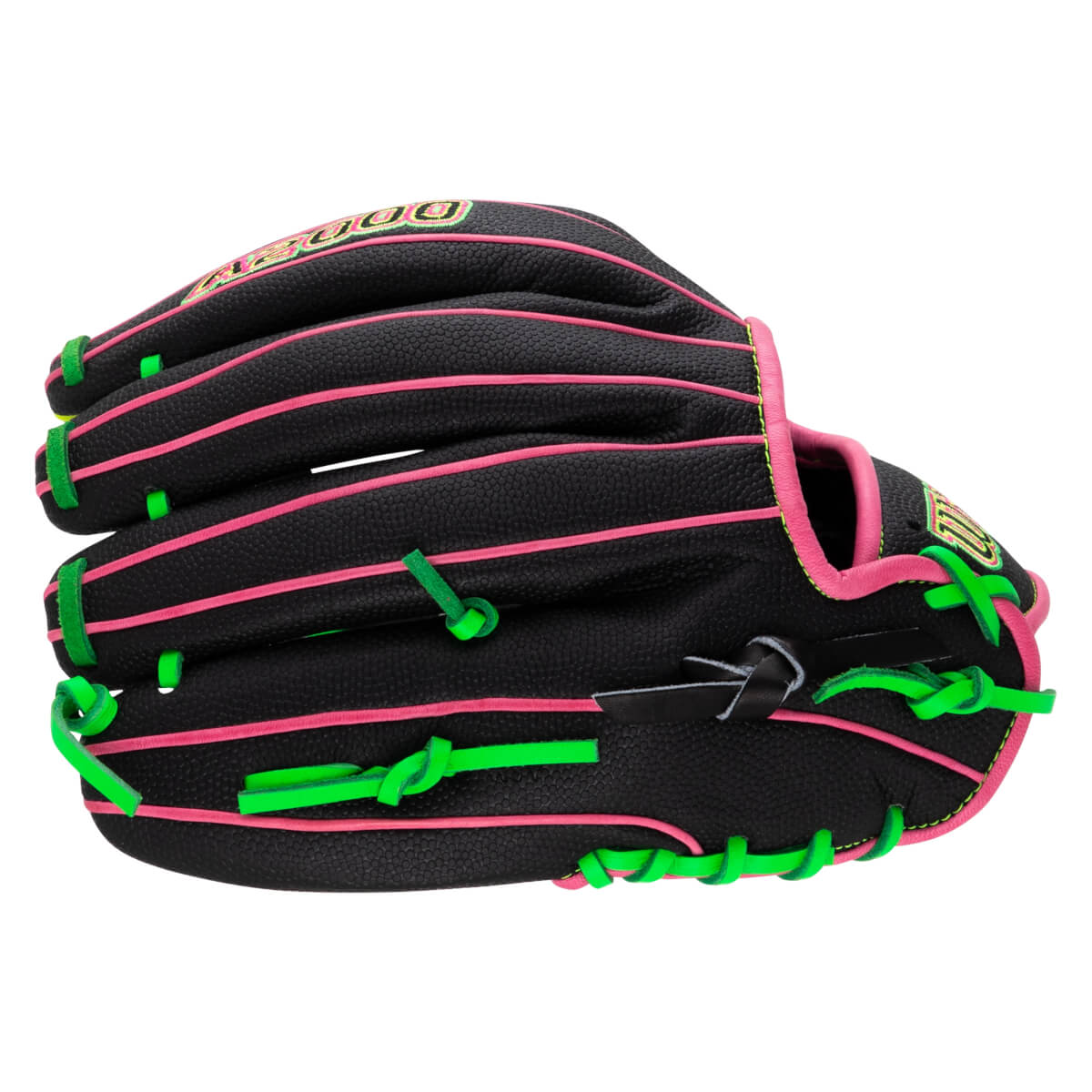 Side view of a black Wilson A2000 glove with pink stitching and bright green laces and binding.