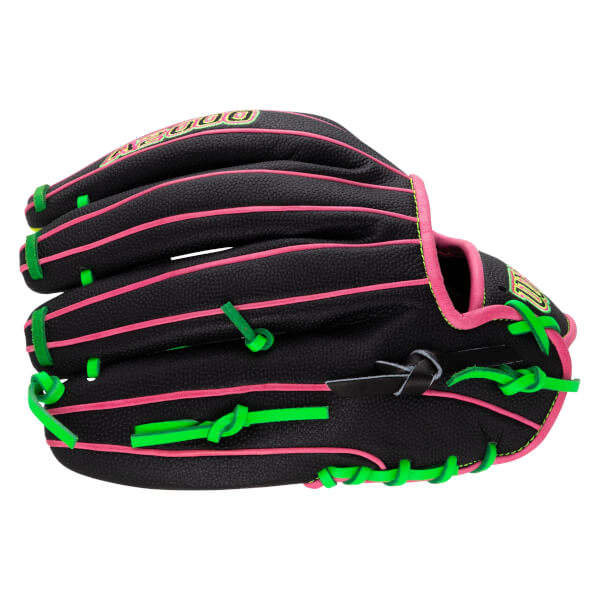 Side view of a black Wilson A2000 glove with pink stitching and bright green laces and binding.