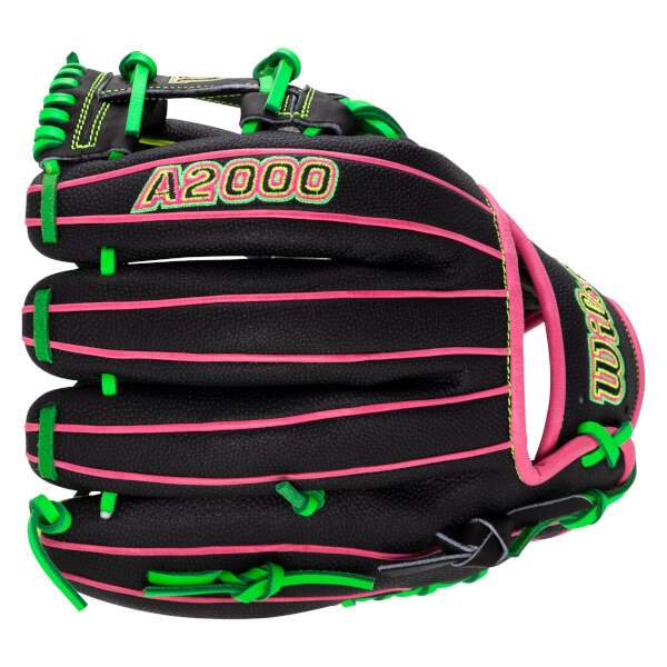 Side view of a black Wilson A2000 baseball glove with pink and green accents and the "A2000" logo.