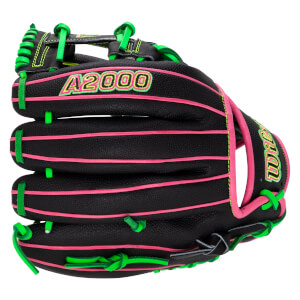 Side view of a black Wilson A2000 baseball glove with pink and green accents and the "A2000" logo.