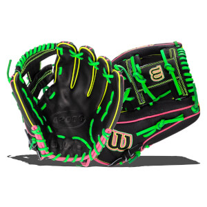 Front view of a black Wilson A2000 1975 SuperSkin glove with neon green and pink lacing, showing "A2000" and "Wilson" text.