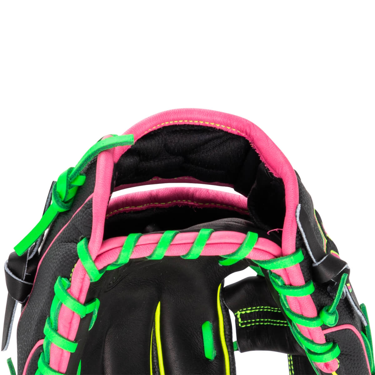 Corner view of the Wilson A2000 baseball glove showing black leather with bright pink and neon green lacing.