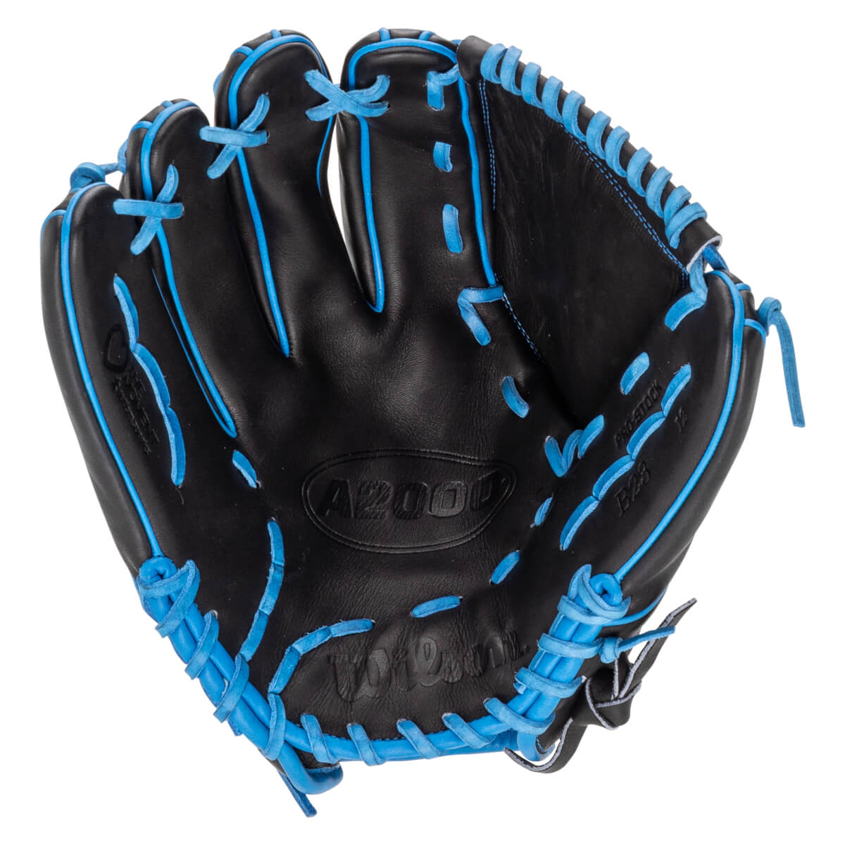 Front view of a black leather baseball glove with blue laces, featuring the A2000 logo in the palm and the Wilson name embossed at the base.