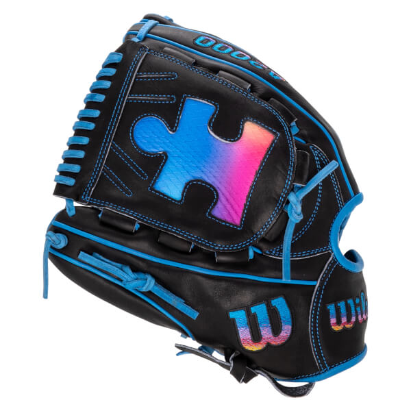 Front view of a black baseball glove featuring a gradient puzzle piece on the web, blue lacing, and Wilson and A2000 logos in a blue-to-pink color scheme.