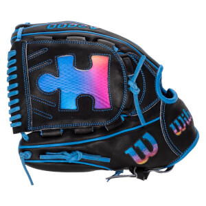 Back view of a black baseball glove with blue trim, featuring a pink and blue gradient puzzle piece on the web and Wilson and A2000 branding in matching colors.