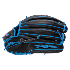 Back view of a black baseball glove with bright blue trim and laces, showcasing a colorful A2000 logo on the finger and a puzzle-patterned Wilson logo on the side.