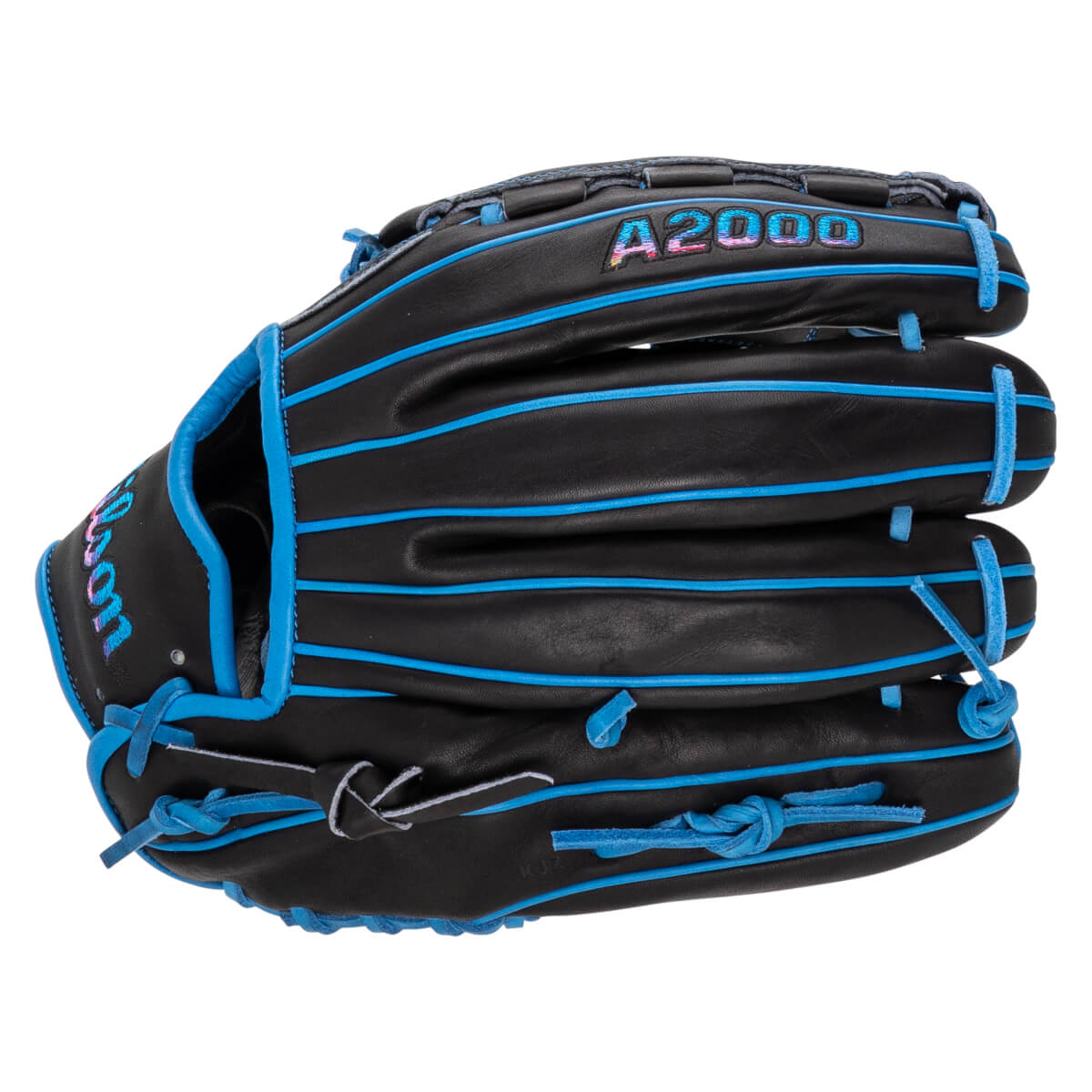 Back view of a black Wilson baseball glove with bright blue welting and laces, featuring the A2000 logo in iridescent multi-colored lettering.
