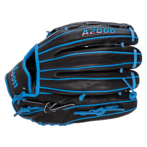 Back view of a black Wilson baseball glove with bright blue welting and laces, featuring the A2000 logo in iridescent multi-colored lettering.