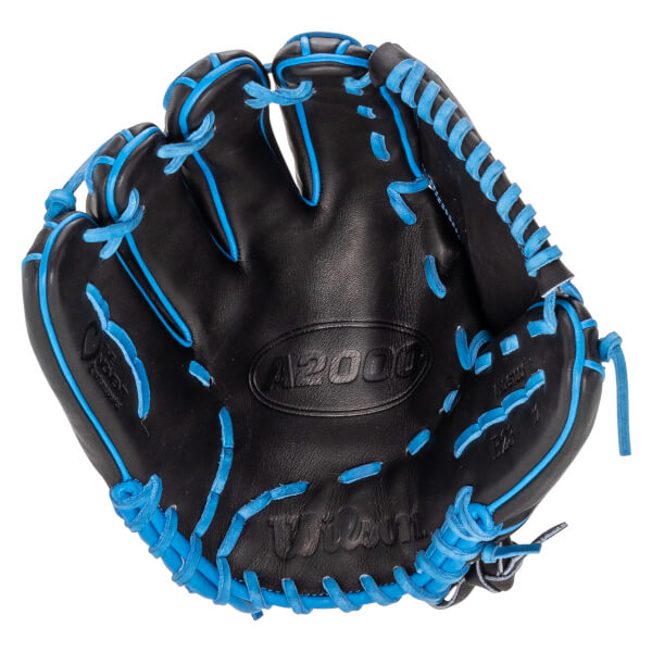 Front view of a black leather baseball glove with bright blue lacing, featuring "A2000" and "Wilson" logos embossed in the center of the palm.