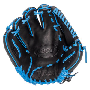 Front view of a black leather baseball glove with bright blue lacing, featuring "A2000" and "Wilson" logos embossed in the center of the palm.