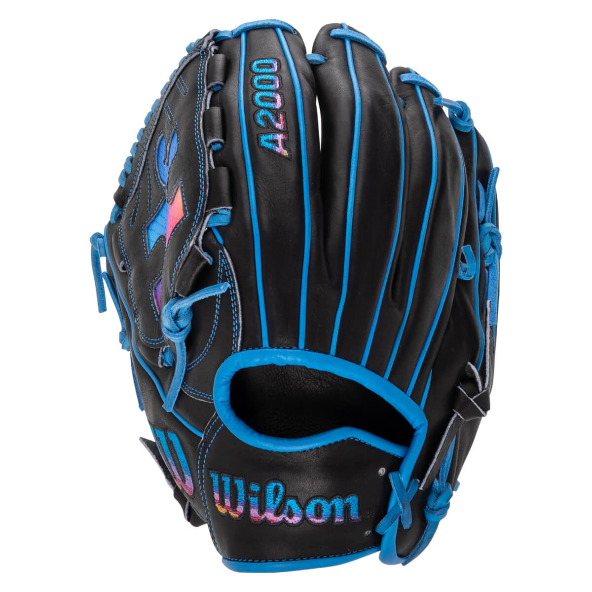 Back view of a black baseball glove with blue laces and piping, featuring multi-colored gradient "Wilson" and "A2000" logos.