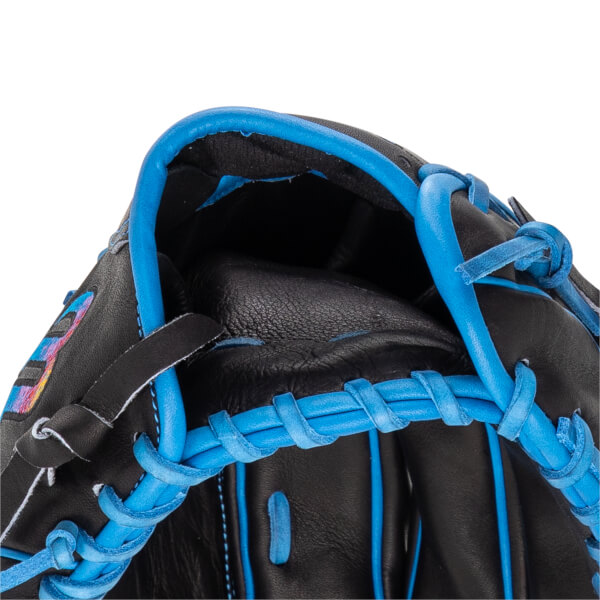 Close-up of the wrist opening and hand entry reveals the black leather construction, vibrant blue lacing and piping, and a colorful puzzle piece logo.