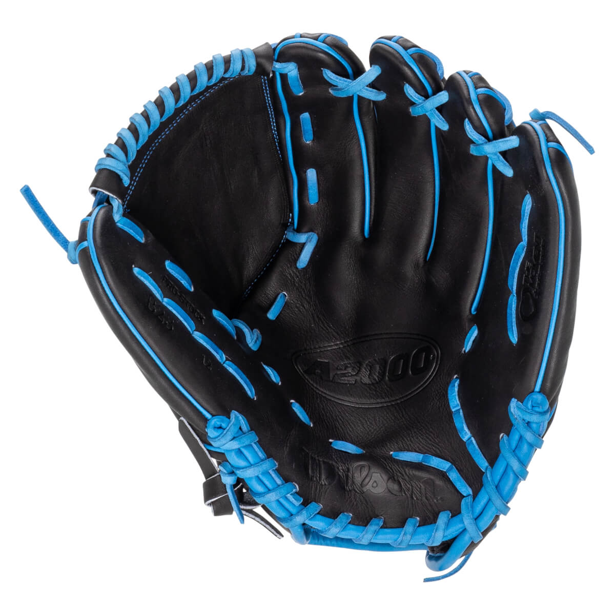 Front view of the black leather glove featuring light blue lacing and welting with the "A2000" and "Wilson" logos embossed on the palm.