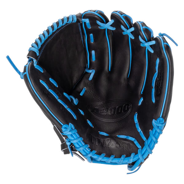 Front view of the black leather glove featuring light blue lacing and welting with the "A2000" and "Wilson" logos embossed on the palm.