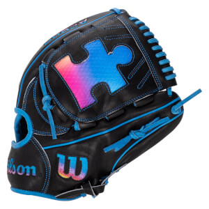 Back view of a black Wilson baseball glove featuring blue lacing and a large pink and blue gradient puzzle piece on the web with a matching Wilson 'W' logo.