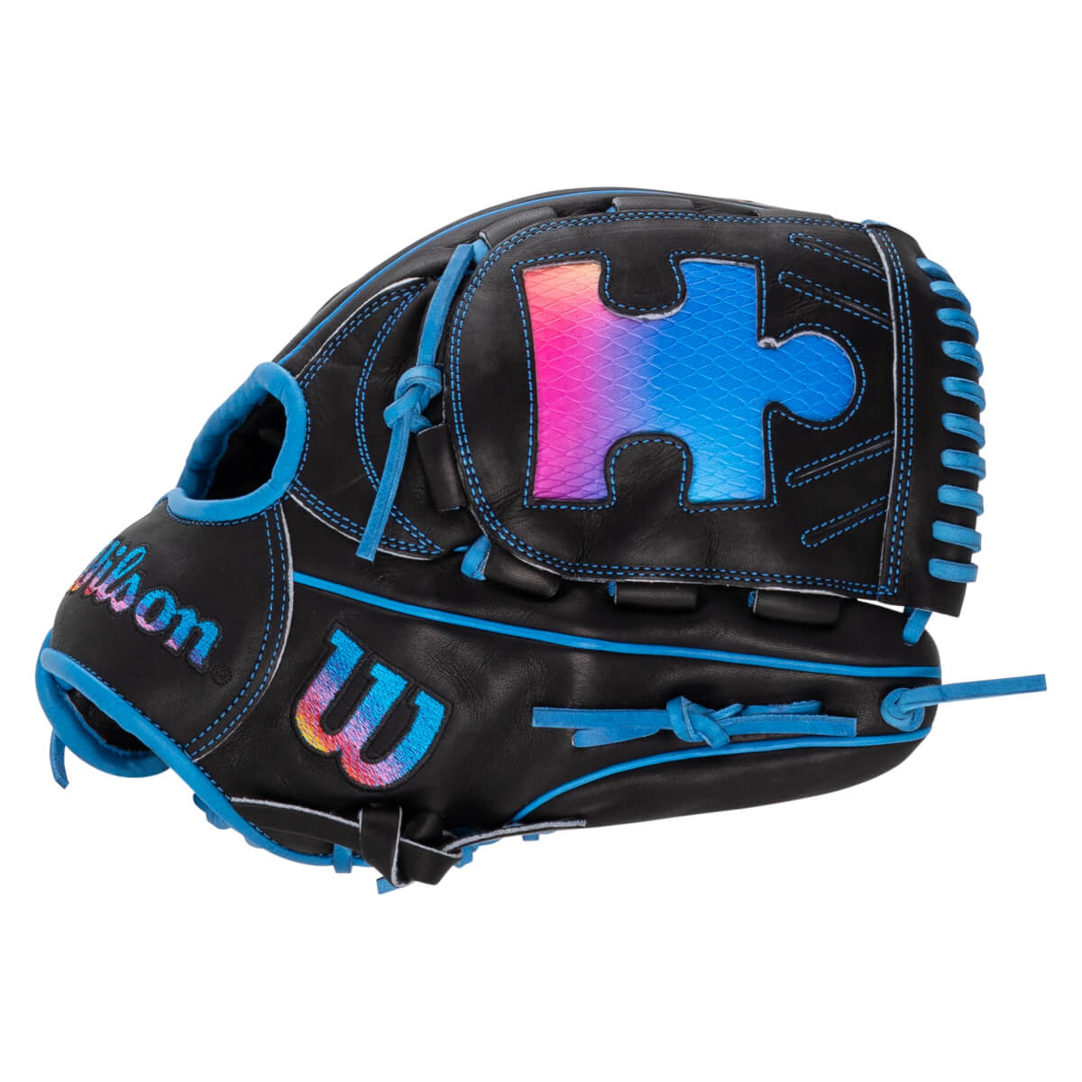 Back view of a black baseball glove with blue trim, featuring a gradient pink and blue puzzle piece on the web and the Wilson name and W logo in matching gradient colors.
