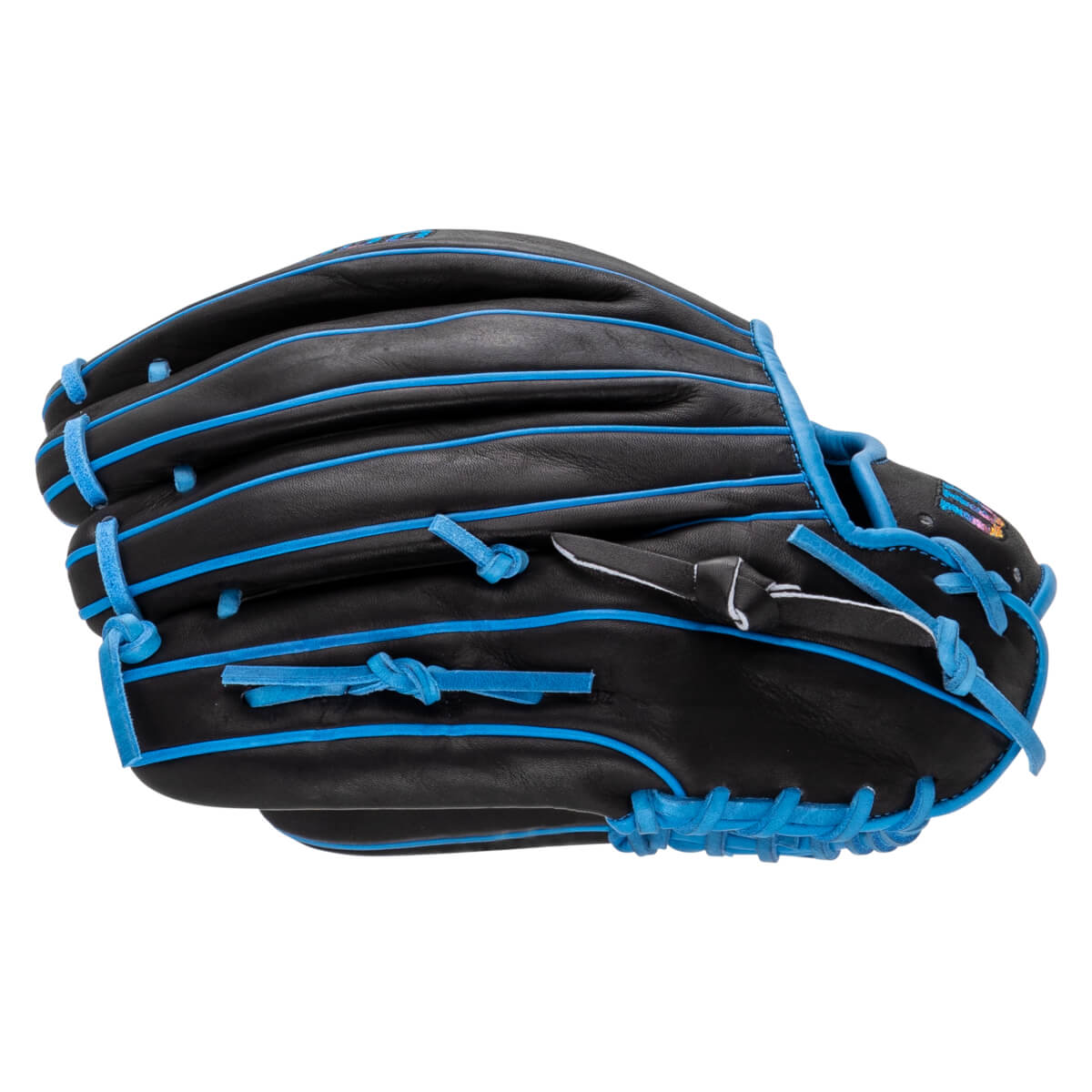 Back view of the black leather baseball glove featuring vibrant blue laces and piping with a multicolored Wilson logo on the side.