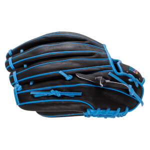 Back view of the black leather baseball glove featuring vibrant blue laces and piping with a multicolored Wilson logo on the side.