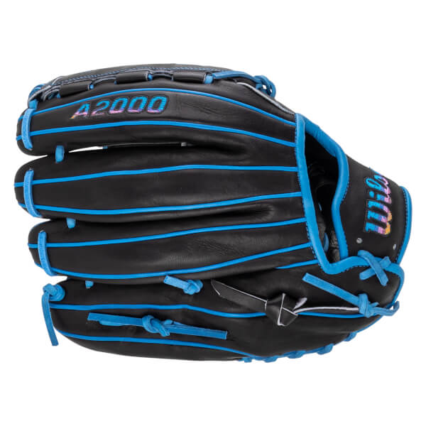 Back view of a black baseball glove featuring bright blue welting and laces, iridescent A2000 lettering on the finger, and a multicolored Wilson logo on the wrist.