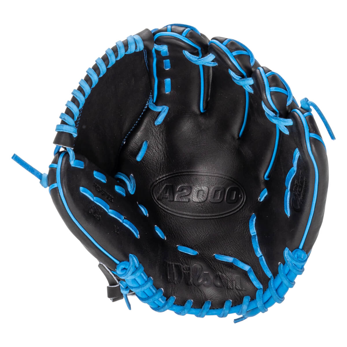 Front view of a black Wilson A2000 B23 baseball glove with light blue lacing and "A2000" and "Wilson" logos embossed on the palm.