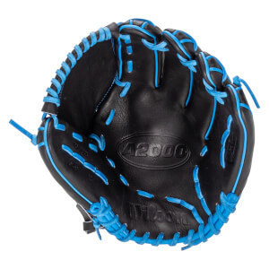 Front view of a black Wilson A2000 B23 baseball glove with light blue lacing and "A2000" and "Wilson" logos embossed on the palm.