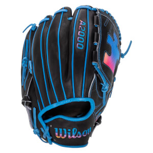 Back view of a black baseball glove with blue laces and piping, featuring a colorful puzzle piece design and gradient-colored Wilson and A2000 embroidered logos.