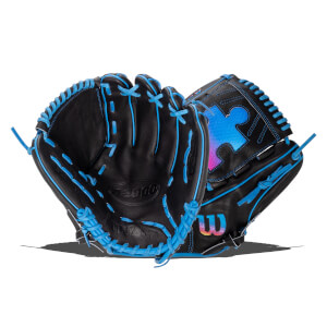 Front and back view of a black baseball glove with blue laces, featuring a gradient puzzle piece on the shell and "A2000" stamped on the palm.