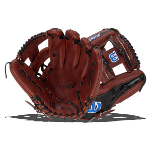 Front view of a brown Wilson A2000 baseball glove with black lacing and blue "W" logo.