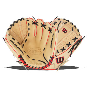 Front view of a tan Wilson A2000 baseball glove with red lacing and black accents.