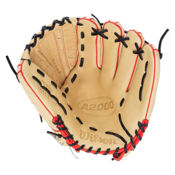 Top-down view of a tan baseball glove with red and black lacing, showing the "A2000" and "Wilson" logos.