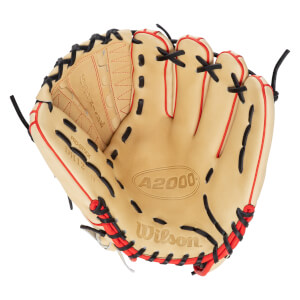 Top-down view of a tan baseball glove with red and black lacing, showing the "A2000" and "Wilson" logos.