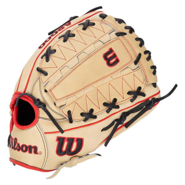 Top-down view of a tan baseball glove with red stitching, black laces, and "Wilson" text.
