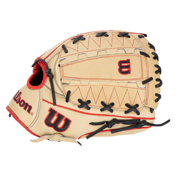 Side view of a tan baseball glove with red stitching, black laces, and "Wilson" and "W" logos.