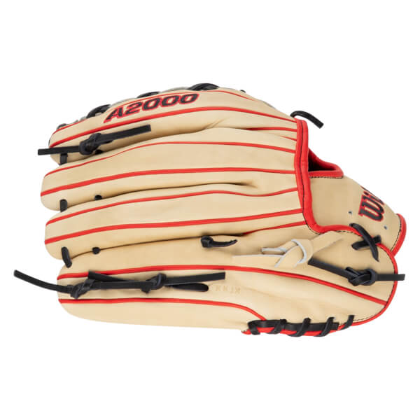 Side view of a tan baseball glove with red lacing and "A2000" embroidered in red.