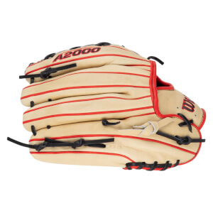 Side view of a tan baseball glove with red lacing and "A2000" embroidered in red.