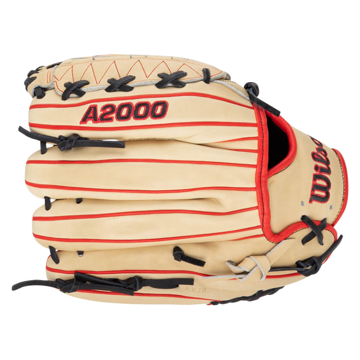 Top-down view of a tan Wilson A2000 baseball glove with red lacing and black accents.