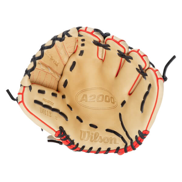 Top-down view of a tan baseball glove with red and black lacing, showing "A2000" and "Wilson" branding.