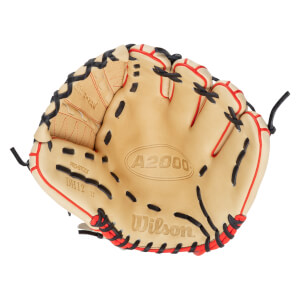 Top-down view of a tan baseball glove with red and black lacing, showing "A2000" and "Wilson" branding.
