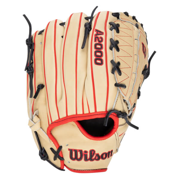 Front view of a tan baseball glove with red stitching, red stripes, and "Wilson" and "A2000" logos.